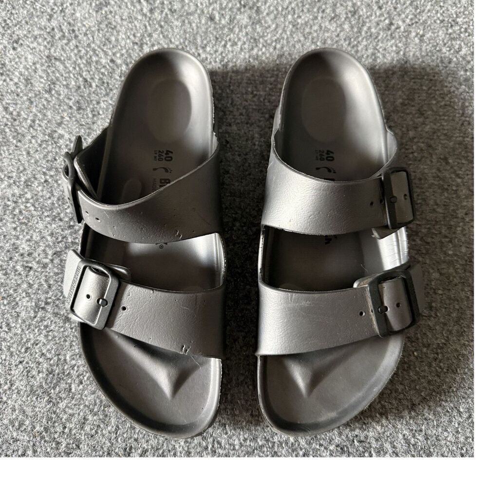 Birkenstock 2-Strap Slide Sandals Gray Synthetic Buckle Adjustable Women’s 9